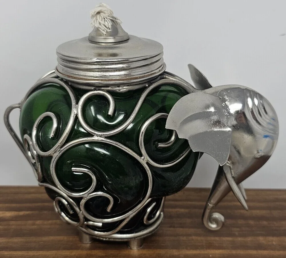 Beautiful Wisdom Of The Elephants Green Glass Boho Oil Lamp Displayed Only 7
